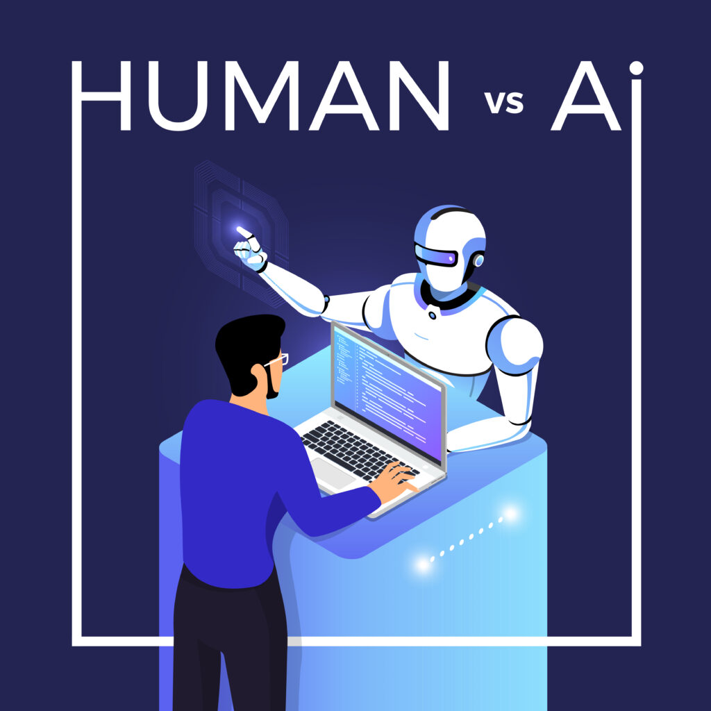 Illustrations concept of AI artificial intelligence vs human via robot and people. Vector illustrate.